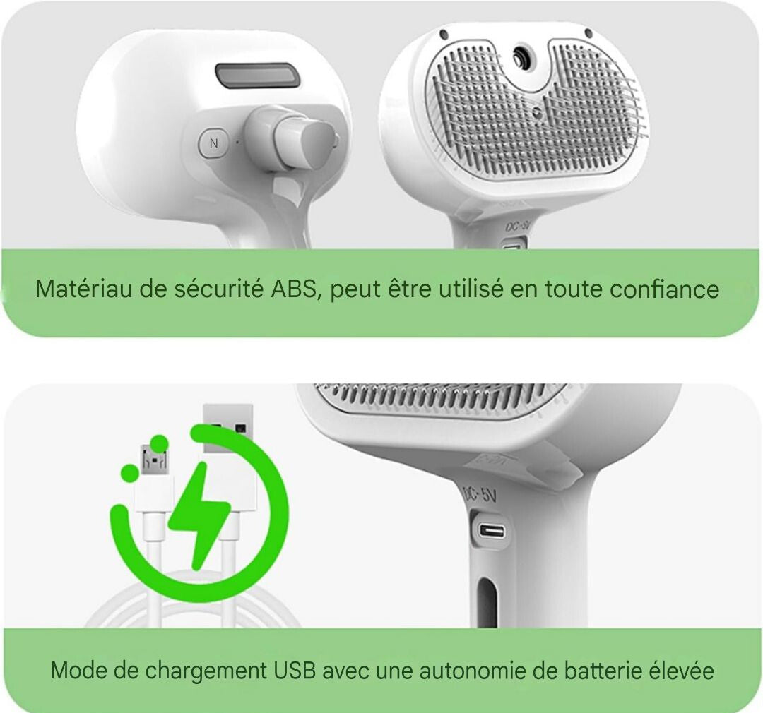 Brosse massante a vapeur 3en1  pour Poils d’Animaux – Élimination Facile et Massage Apaisant !