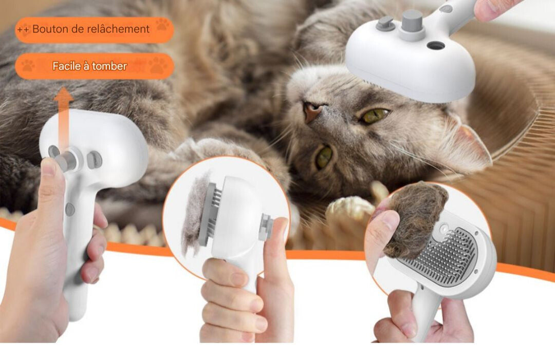 Brosse massante a vapeur 3en1  pour Poils d’Animaux – Élimination Facile et Massage Apaisant !