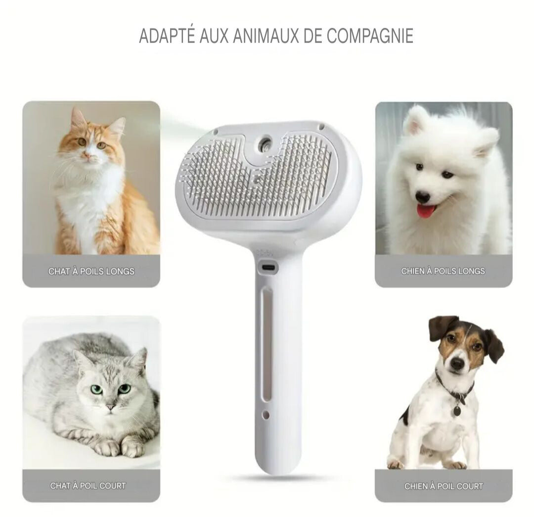Brosse massante a vapeur 3en1  pour Poils d’Animaux – Élimination Facile et Massage Apaisant !