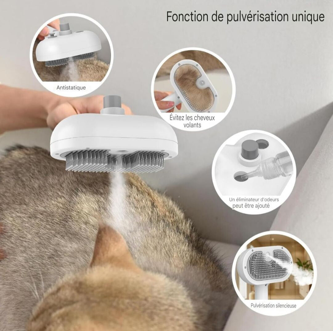 Brosse massante a vapeur 3en1  pour Poils d’Animaux – Élimination Facile et Massage Apaisant !